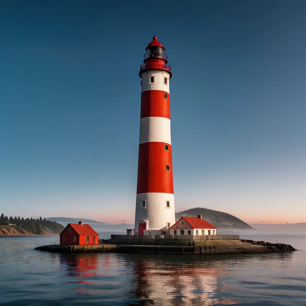 masterpiece, full scale wide-shot photo, intricate photo, surreal sunset, precisely detailed lighthouse with red-white colored ring-sections in the bay area near San Francisco in a fisher village, hazy fog on the water surface, foaming water, red and blue neon backlight, cyberpunk, atompunk, photo realistic, hyper realistic, highly detailed, sharp focus, high resolution, best quality, colorful, friendly colors, cozy outdoor lighting, 8K, <lora:LighthouseConcept5000:0.5>