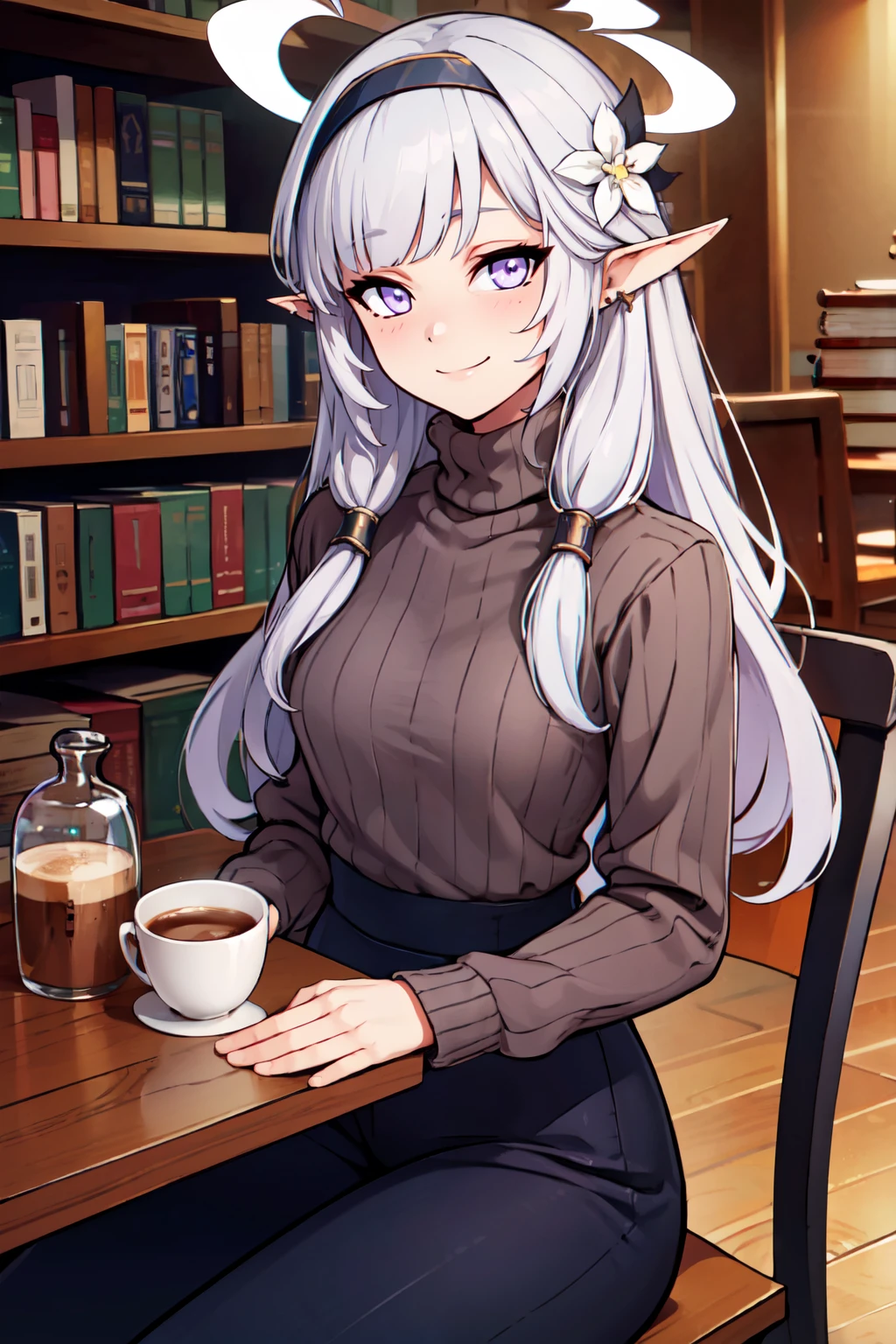 ((masterpiece,best quality)), absurdres,  BREAK, , <lora:Himari_BlueArchive_Citron:0.8>, zzHimari, purple eyes, black hair, long hair, pointy ears,  halo, hairband, grey hair, white hair  , BREAK, turtleneck sweater, earrings, library, cup of coffee, sitting at table, BREAK, solo, smile, looking at viewer, cowboy shot,