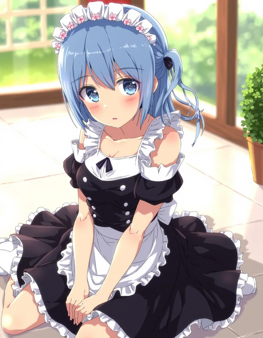 a young woman with a fair complexion and a delicate, feminine appearance. She has short, straight, blue hair that reaches her shoulders, adorned with a white ribbon headband decorated with small, pink flowers. Her large, expressive blue eyes are framed by long lashes, and she has a blushing, slightly bashful expression on her face. She is dressed in a traditional French maid outfit, which includes a black dress with white frills and a white apron tied around her waist. The dress is off-shoulder, revealing her pale skin, and has a black ribbon corset-style lacing up the front. Her hands are placed gently on her lap, and she is seated on a light-colored floor, possibly marble, with a green plant in the background adding a touch of nature. The setting appears to be a bright, sunlit room with large windows in the background, allowing natural light to flood the scene. The overall tone of the image is warm and inviting, with soft, pastel colors and detailed shading that enhances the textures and highlights of her outfit and the background elements.