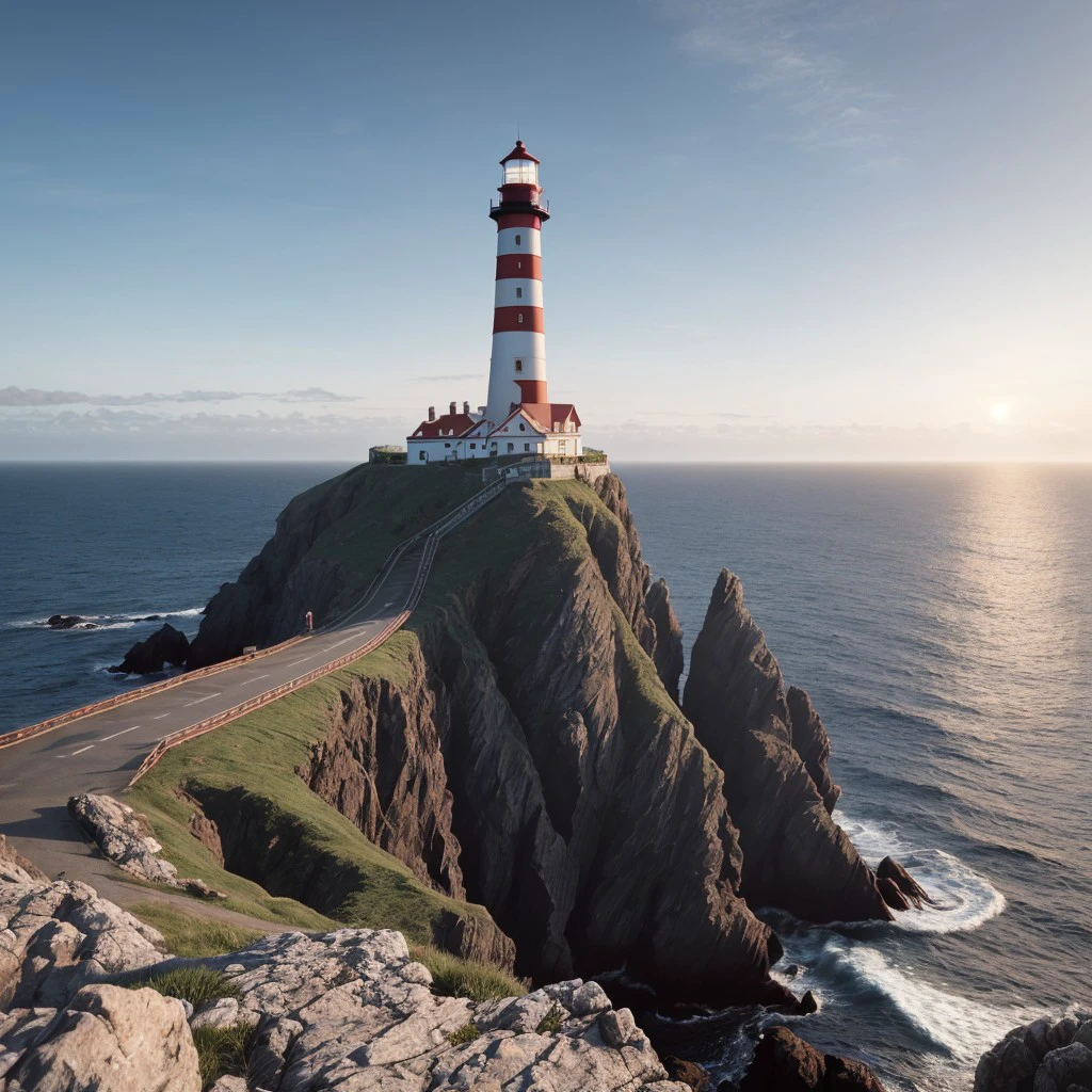 masterpiece, full scale wide shot photo, intricate photo, precisely detailed lighthouse with red-white colored ring-sections in the ocean on a rock by dark night, hazy fog on the water surface, blue neon backlight, cyberpunk, photo realistic, hyper realistic, highly detailed, sharp focus, high resolution, best quality, colorful, friendly colors, cozy outdoor lighting, 8K,  <lora:LighthouseConceptLora:1.0