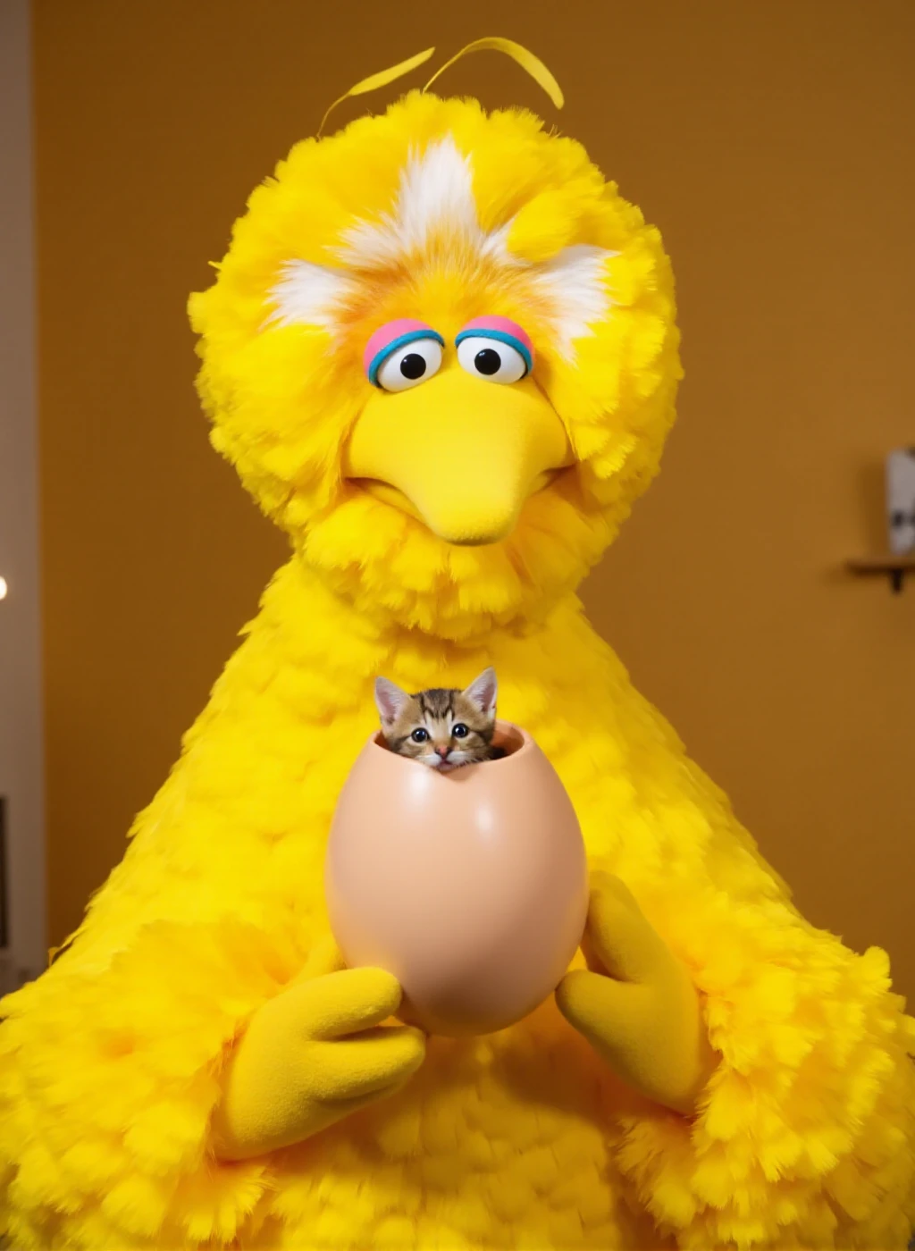 a closeup view of BigBird holding an egg in front of his face. the egg is cracked and there is a kitten in the egg. BigBirg is in shock <lora:BigBird:0.9>