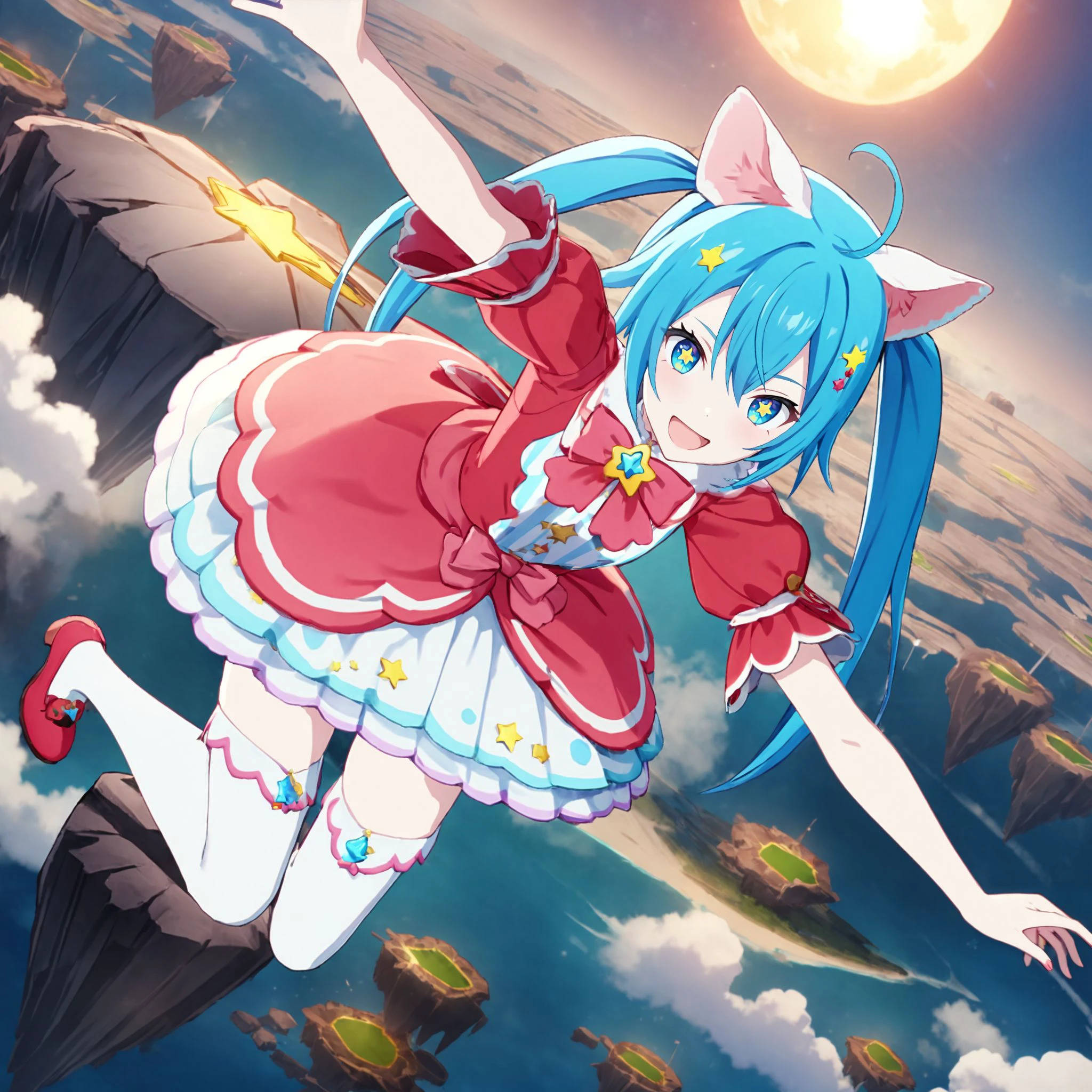 1girl, wonderlands x showtime miku, project sekai, masterpiece, very aesthetic, absurdres, official art,
brandnew wsmiku, solo, (blue long hair:1.4), twintails, blue eyes, star-shaped pupils, star in eyes, ahoge, 
looking at viewer, :D, arms up, outstretched arms, jumping, floating in the air, zero gravity, from above, BREAK
animal ears, thighhighs, star (symbol), pink dress, white thighhighs, bowtie, short sleeves, skirt, zettai ryouiki, pink bow, red bow, brooch, layered dress, white skirt, jewelry, puffy sleeves, capelet, pink bowtie, red dress, puffy short sleeves, gem, frills, red bowtie, 
above the clouds, in the sky, best illuminate wonderland, weightlessness, giant scales, sun light, some floating island, floating city
 <lora:sdxl-vs-BNwsMiku05:0.9:lbw=0,0,0.2,0.2,0,0.4,0.4,0,0.8,0.8,0,0,0,0.8,0.8,0.6,0.8,0.0,0.0,0.0,0,0,0,0,0,0>