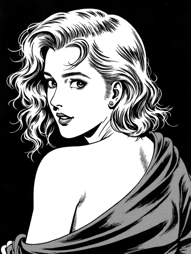 Hoko,black and white A bust of an attractive blonde, looking ahead with an appealing look, her lips slightly parted. Her bare shoulders add a touch of sensuality and her curly blonde hair surrounds her face. The overall vibe is reminiscent of classic film noir style with a sense of mystery