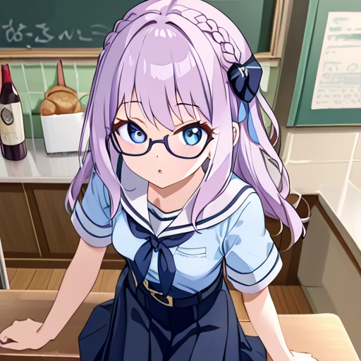 glasses, blue eyes, narrow eyes, bright pale violet hair,  Wispy Bangs, long hair, hair ornament, braid hair, pantyhose, slanted eyes,
narrow eyes, semi-rimless eyewear, short sleeves, black pantyhose, skirt, serafuku, hair bow, bule ribbon, slimãsmall breasts, loafers, belt, under-rim eyewear, blue 
ribbon tie, cafe, nsfw, panty, <lora:akane_maru-000008:1>