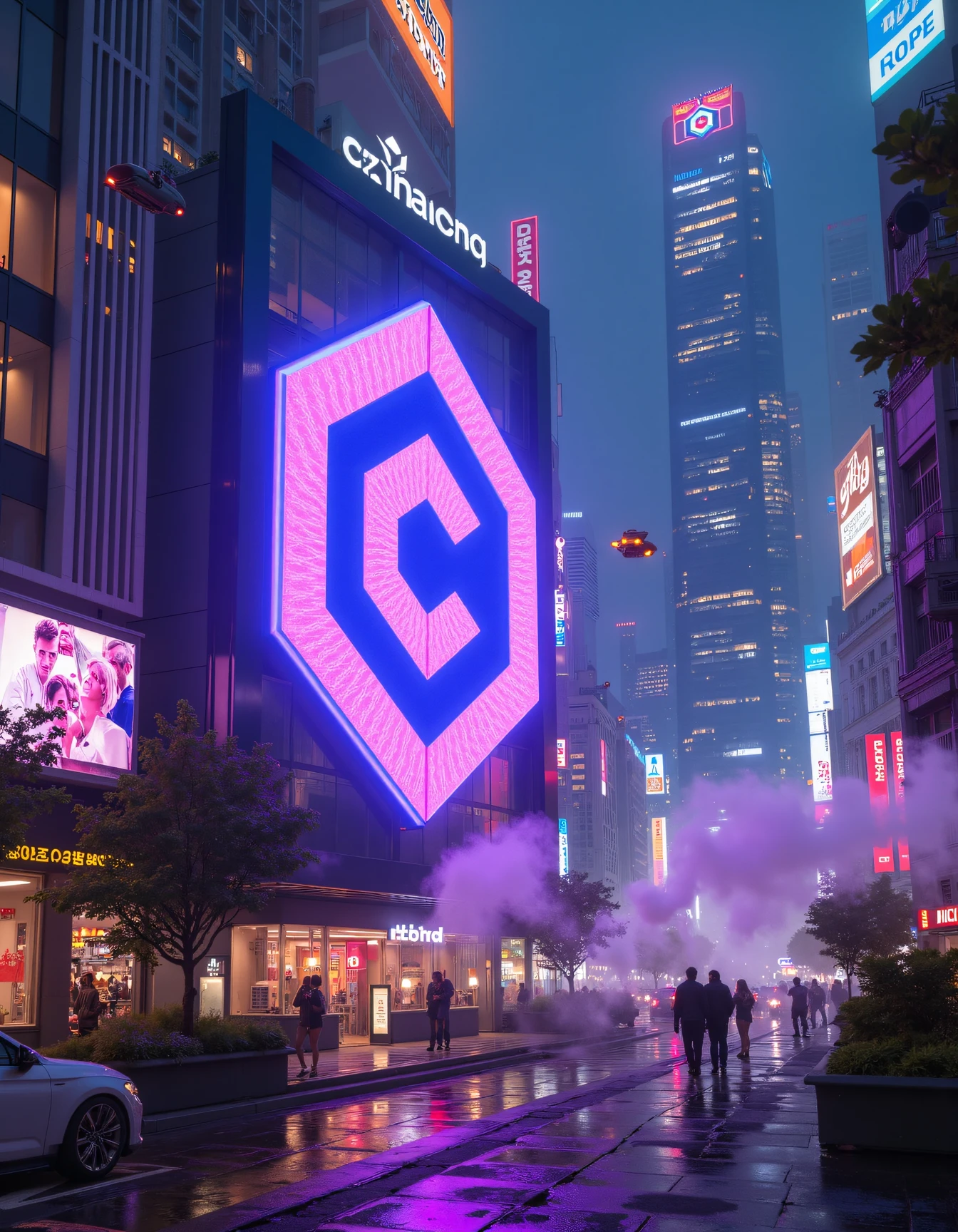 A sprawling dystopian cyberpunk city at night, brimming with towering skyscrapers adorned with neon lights and digital billboards. In the foreground, a massive neon sign with a glowing holographic civitaiLogo logo dominates the scene, its bright, electric purple and blue hues cutting through the darkness. The logo is sleek and angular, set against a glossy, metallic backdrop on the building's facade. The city around it is alive with bustling activity: flying cars zooming overhead, streets filled with people in futuristic attire, and steam rising from vents on the rain-soaked pavement. A network of vibrant neon signs, holographic ads, and illuminated windows create a dense, electrifying ambiance, embodying the essence of a futuristic urban jungle
<lora:civitaiLogoFlux:1>