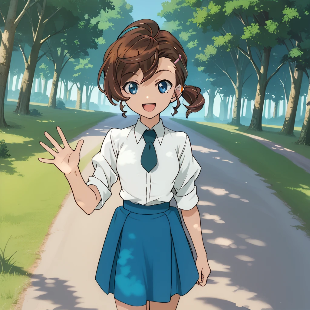 score_9, score_8_up, score_7_up, 1girl, solo, uncensored,  manainuyama, 1girl, solo, smile, open mouth, waving, looking at viewer, walking, dutch angle, white shirt, blue necktie, brown hair, blue eyes, blue skirt, outdoors, forest, path, grass, trees <lora:ManaInuyamaXL_v1.0:1>