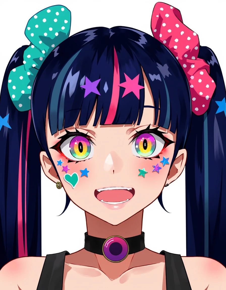 a young woman with a cheerful expression. The character has fair skin and large, expressive, multicolored eyes with a mix of yellow, purple, and pink hues. Her hair is dark blue with streaks of pink and is styled in two pigtails adorned with colorful scrunchies. One scrunchie is teal with white polka dots, while the other is pink with a star design. Various accessories are scattered across her face, including a heart-shaped sticker on her left cheek and a star-shaped sticker on her right cheek, both in shades of blue. There are also small, colorful stickers around her eyes, such as a blue star and a pink heart, giving her a playful, whimsical look. She wears a black choker around her neck and has a small, pink earring in her left ear. The background is plain white, which makes the colorful details of her face and accessories stand out sharply. The overall style is highly detailed, with a focus on bright, vivid colors and expressive features