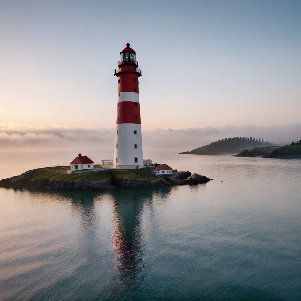 masterpiece, full scale wide-shot photo, intricate photo, surreal sunset, precisely detailed lighthouse with red-white colored ring-sections in the bay area near San Francisco in a fisher village, hazy fog on the water surface, foaming water, red and blue neon backlight, cyberpunk, atompunk, photo realistic, hyper realistic, highly detailed, sharp focus, high resolution, best quality, colorful, friendly colors, cozy outdoor lighting, 8K, <lora:LighthouseConcept5000:0.5>