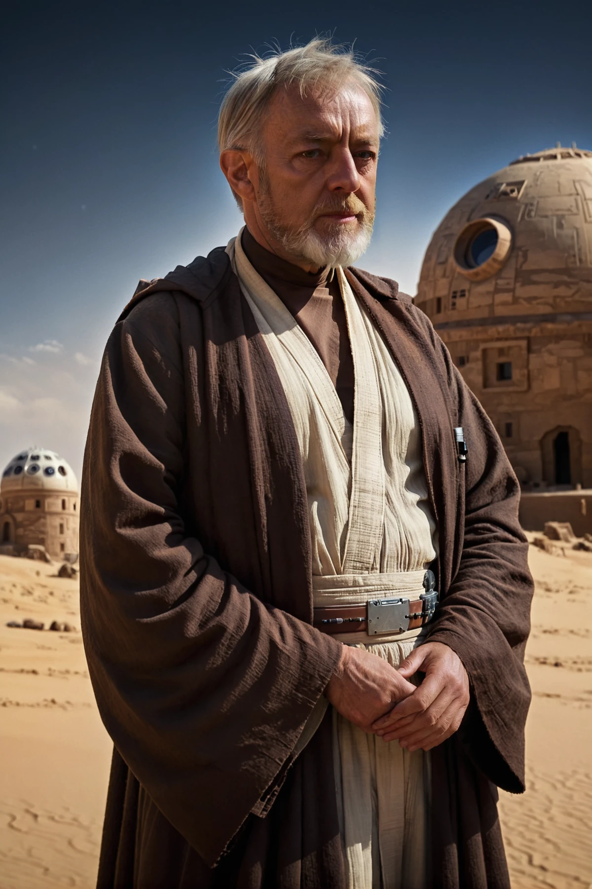 (side view1.5) shot of <lora:Old_Ben_Kenobi:0.8> Old Ben Kenobi from Star Wars movie wearing dark brown robe, serious expression, background of <lora:Tatooine:0.9> Tatooine a desert with a dome and a building in the background and two suns in sky, in star wars style, outdoors, sky, cloud, no humans, cloudy sky, scenery, sunset, sun, captured with a 5d camera, in HDR, 8k resolution, sharp focus, infused with a graphic novel aesthetic, cinematic, detailed, motion picture style, realistic, sci fi style, cinematic light, perfect color, perfect scene, shallow depth of field, vignette, highly detailed, high budget, bokeh, cinemascope, moody, epic, masterpiece, <lora:Rembrandt Lighting style v2:0.6> Rembrandt Lighting style, in the dark Low-key lighting Style <lora:Low-key lighting Style:0.6>