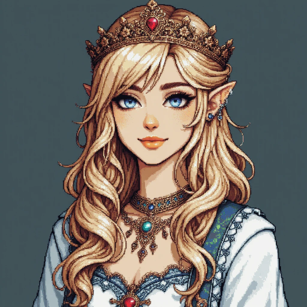 df_pixel_style, headshot of an adult woman with long blonde hair in bangs, wearing an ornate white royal outfit with blue trim, gold jewellary, and a gold crown with red ruby