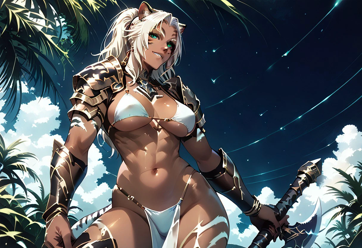 score_9, score_8_up, score_7_up, 1girl, dark-skinned female, white hair, ponytail, tall female, toned, large breast, tiger pattern, tiger tail, green eyes, facial marks, female hrothgar, tiger ears, sharp black nail, white bikini, highleg bikini, solo, solo focus, smile, beach, cowboy shot, bikini armor, pelvic curtain, battle axe, holding axe, axe over shoulder, standing