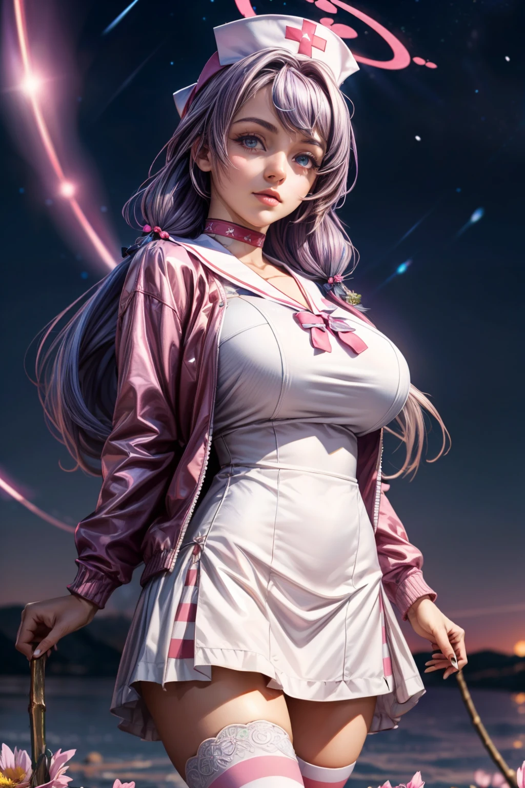 (ultra realistic,32k, masterpiece:1.2),(high detailed skin:1.1),( high quality:1.1), <lora:IllyasvielVonEinzbern_v1:0.7>, zzIllya, looking at viewer, night, outdoors, sky, BREAK,   <lora:Hanae_BlueArchive_Citron:0.7>, zzHanae, blue eyes, purple hair, long hair, twintails, halo, hair ornament, fang, hat pink jacket, white sailor collar, mismatched legwear, striped thighhighs, nurse outfit, white dress,   BREAK,  blooming stars, luminescent petals, otherworldly fragrance blurry background, (looking at viewer, standing:1.1), huge breast, large breast, <lora:add_detail:0.92>, (glowwave:1.1),