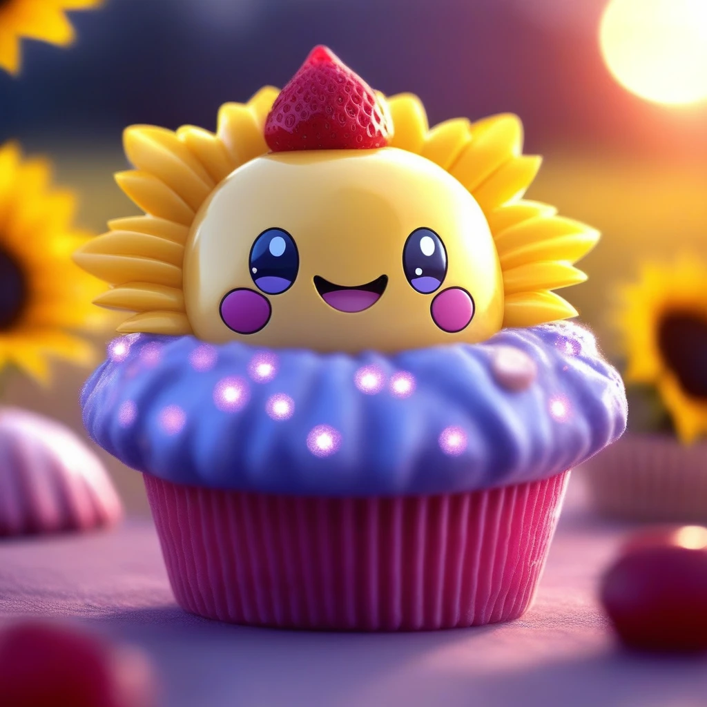 pokemon (creature), shell, moon, blurry background, smile, looking at viewer, blueberry, outdoors, cupcake, strawberry, sparkle, sunflower