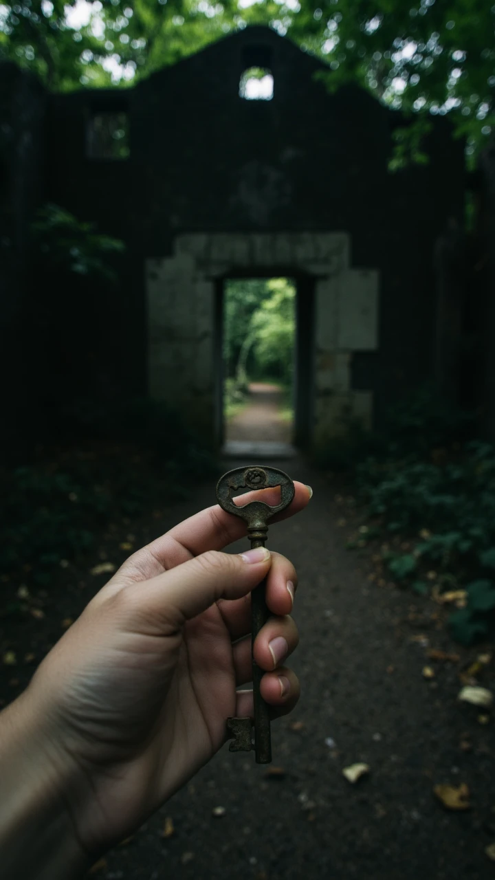 Hands holding a rusted key, ancient door in front, dark and overgrown ruins    , aidmaHandsPOV