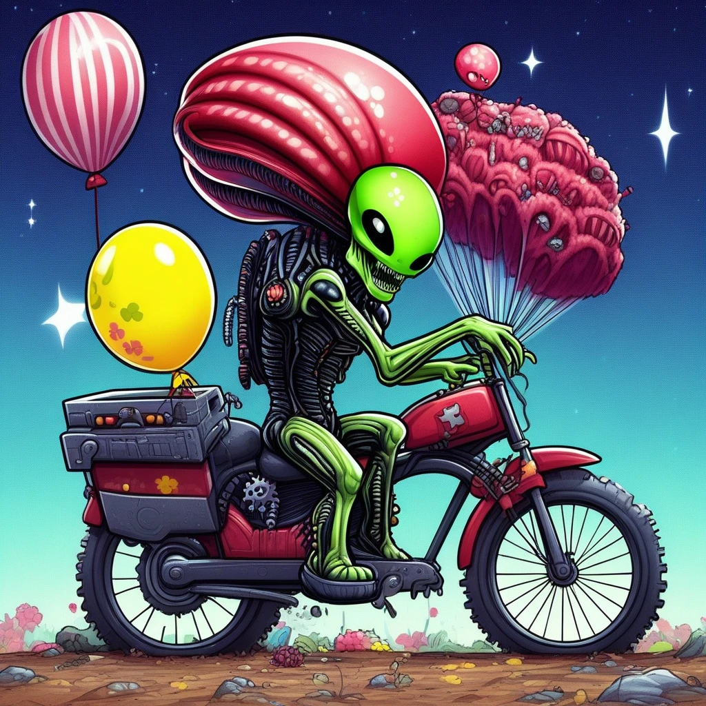 boots, motor vehicle, slime (creature), Aliens, star (sky), screw, gears, red hair, tombstone, bicycle, horns, yellow flower, claw (weapon), candy, shorts, balloon, drooling, ground vehicle