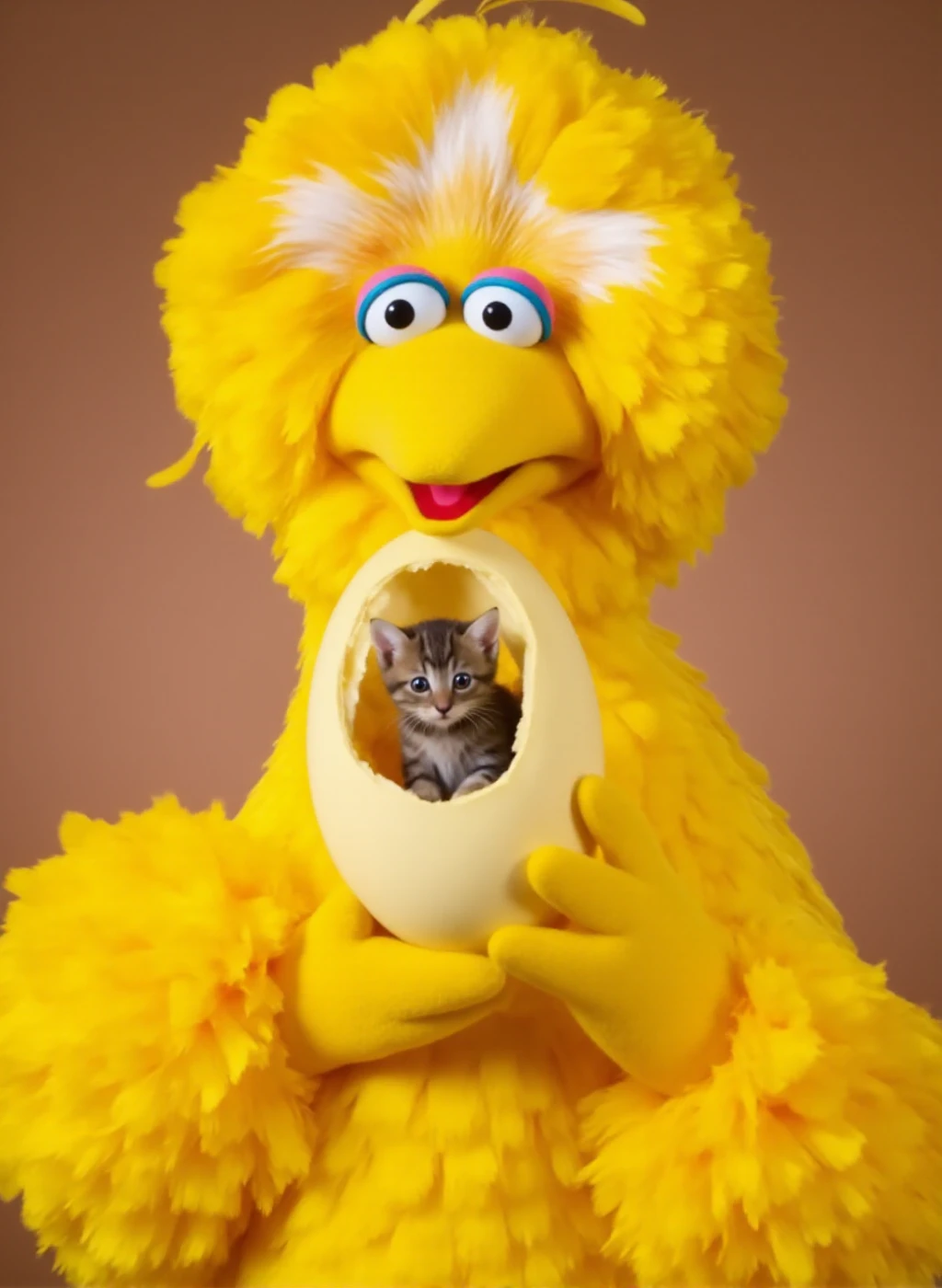 a closeup view of BigBird holding an egg in front of his face. the egg is cracked and there is a kitten in the egg. BigBirg is in shock <lora:BigBird:0.9>