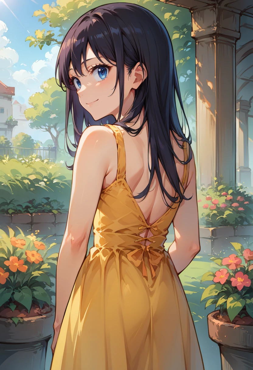 score_9, score_8_up, source_anime, 1girl, solo, RinNanakura, blue eyes, black hair, long hair, bangs, from behind, yellow sundress, garden, day, sunshine, smile, looking back, <lora:ChamRinNanakuraPonyXL:1>