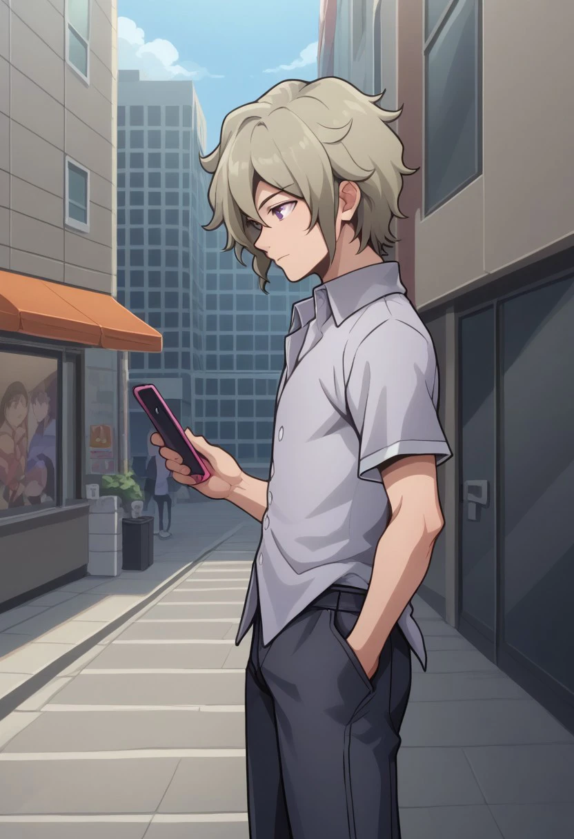 score_9, score_8_up, score_7_up, source_anime, highly detailed,  
yoshiya, 1boy, solo, male focus, grey hair, purple eyes, pants, shirt, collared shirt, standing, short sleeves, phone, holding, from side, black pants, upper body,
outdoor, street, building, sky, cloud,