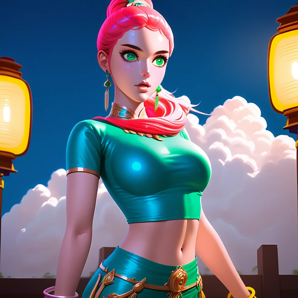 blue eyes, lips, cloud, green eyes, earrings, day, midriff, bracelet, jewelry, pink hair, parted lips, lantern, medium breasts, large breasts, makeup, short sleeves