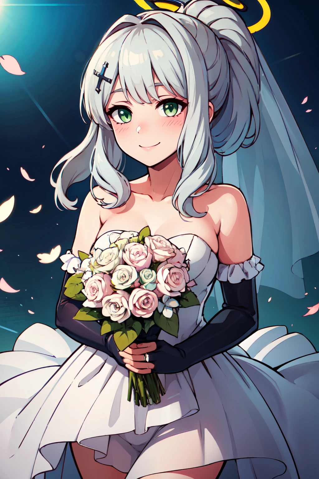 ((masterpiece,best quality)), absurdres, BREAK, , <lora:Hare_BlueArchive_Citron:0.8>, zzHare, green eyes, grey hair, long hair, ponytail, halo, cross hair ornament, , BREAK, bride, wedding dress, bridal veil, strapless dress, elbow gloves, holding bouquet,, BREAK, solo, smile, looking at viewer, cowboy shot,