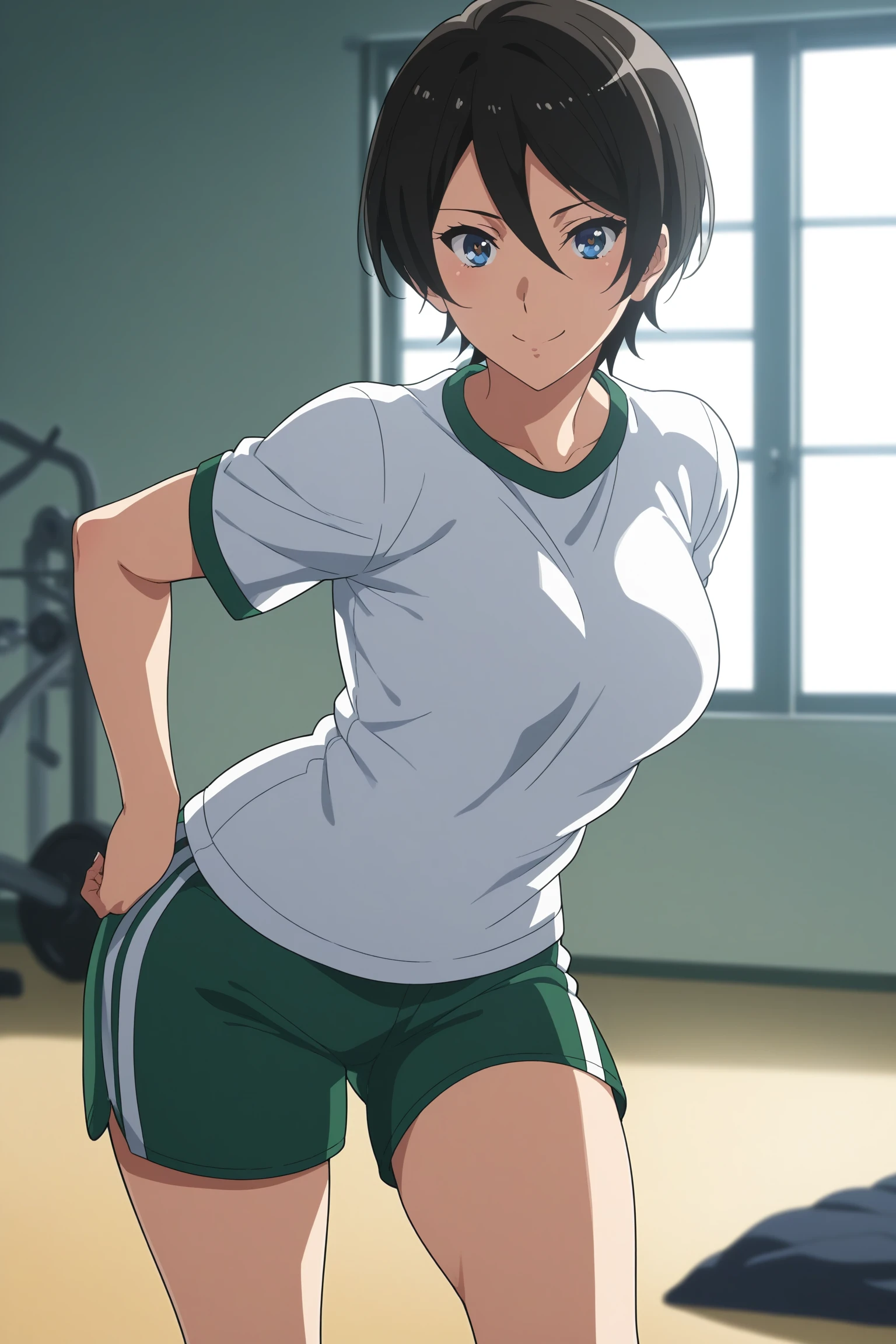 score_9, score_8_up, score_7_up, score_6_up, score_5_up, source_anime, rating_safe, medium breasts, indoors, gym, 1girl, solo, looking at viewer, <lora:age_slider_v4:2>, suzuki mirei, short hair, hair between eyes, blue eyes, gym uniform, white shirt, green pants, short shorts, white kneehighs, sneakers, <lora:Mirei_Suzuki:0.8>, smile, dynamic pose,