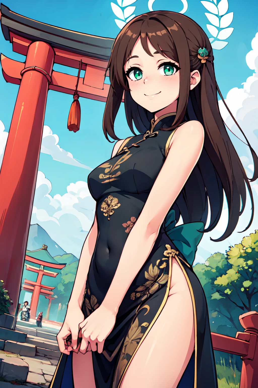 ((masterpiece,best quality)), absurdres,  BREAK, , <lora:Airi_BlueArchive_Citron:0.8>, zzAiri, green eyes, brown hair, long hair, hair ornament, halo,   , BREAK,  china dress, pelvic curtain, side slit, sleeveless, print dress, covered navel, no panties, outdoors, night, torii, shrine, east asian architecture, leaning forward, hand on own thigh, from above,, BREAK, solo, smile, looking at viewer, cowboy shot,