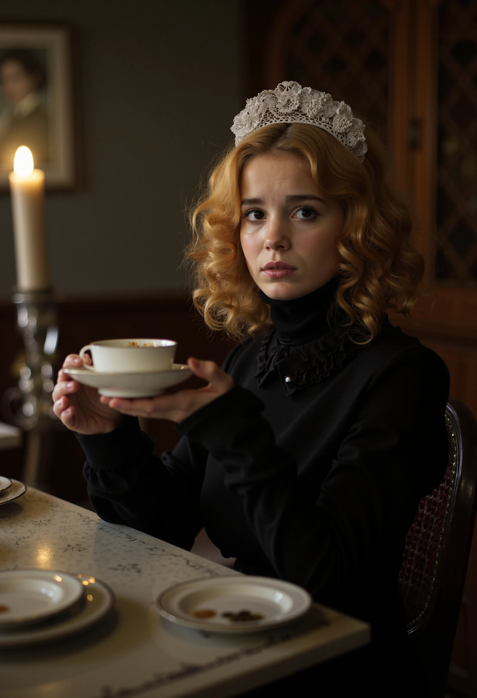 a victorian dining room, a young woman albabaptista with blonde hair and black eyes, in dark victorian clothing, seated and drinking some tea with a pensive expression

