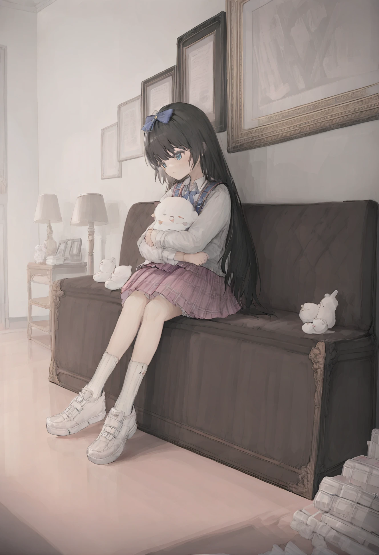 masterpiece, best quality,shoes, socks, skirt, 1girl, long hair, plaid, shirt, sitting, pink skirt, bow, white shirt, solo, hair bow, plaid skirt, sneakers, black hair, white footwear, hugging own legs, kneehighs, white socks, pleated skirt, indoors, blue bow 
<lora:yuzuXLlokr4f-000182:1>