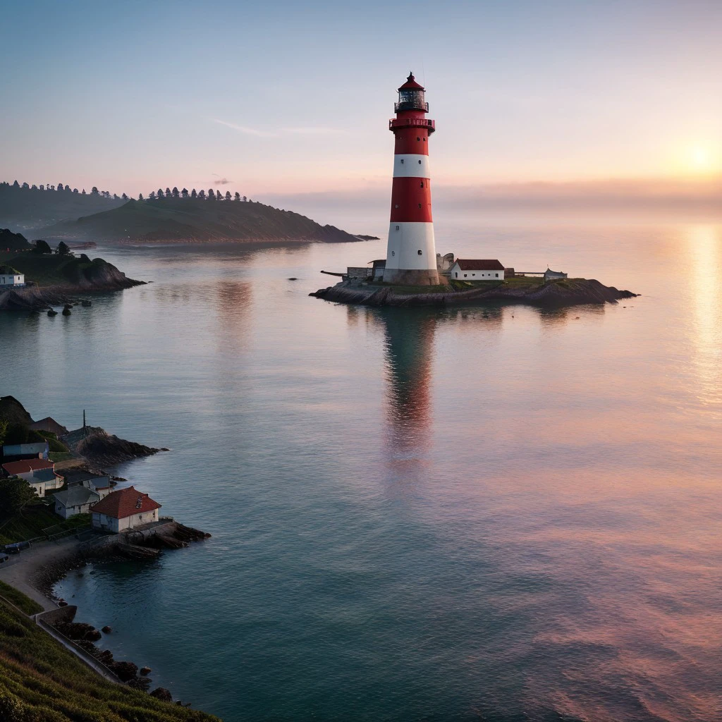 masterpiece, full scale wide-shot photo, intricate photo, surreal sunset, precisely detailed lighthouse with red-white colored ring-sections in the bay area near San Francisco in a fisher village, hazy fog on the water surface, foaming water, red and blue neon backlight, cyberpunk, atompunk, photo realistic, hyper realistic, highly detailed, sharp focus, high resolution, best quality, colorful, friendly colors, cozy outdoor lighting, 8K, <lora:LighthouseConcept5000:0.5>