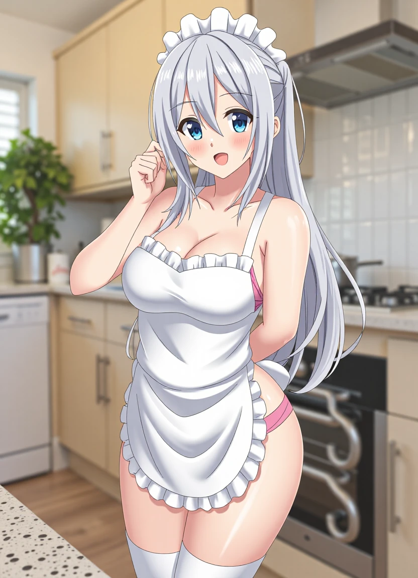 animeirl, photo background, 1girl, shorts, long hair, thighhighs, breasts, open mouth, solo, navel, indoors, standing, short shorts, blue eyes, medium breasts, swimsuit, looking at viewer, cleavage, full body, underwear, kitchen, cup, panties, grey hair, bare shoulders, wearing a white apron,