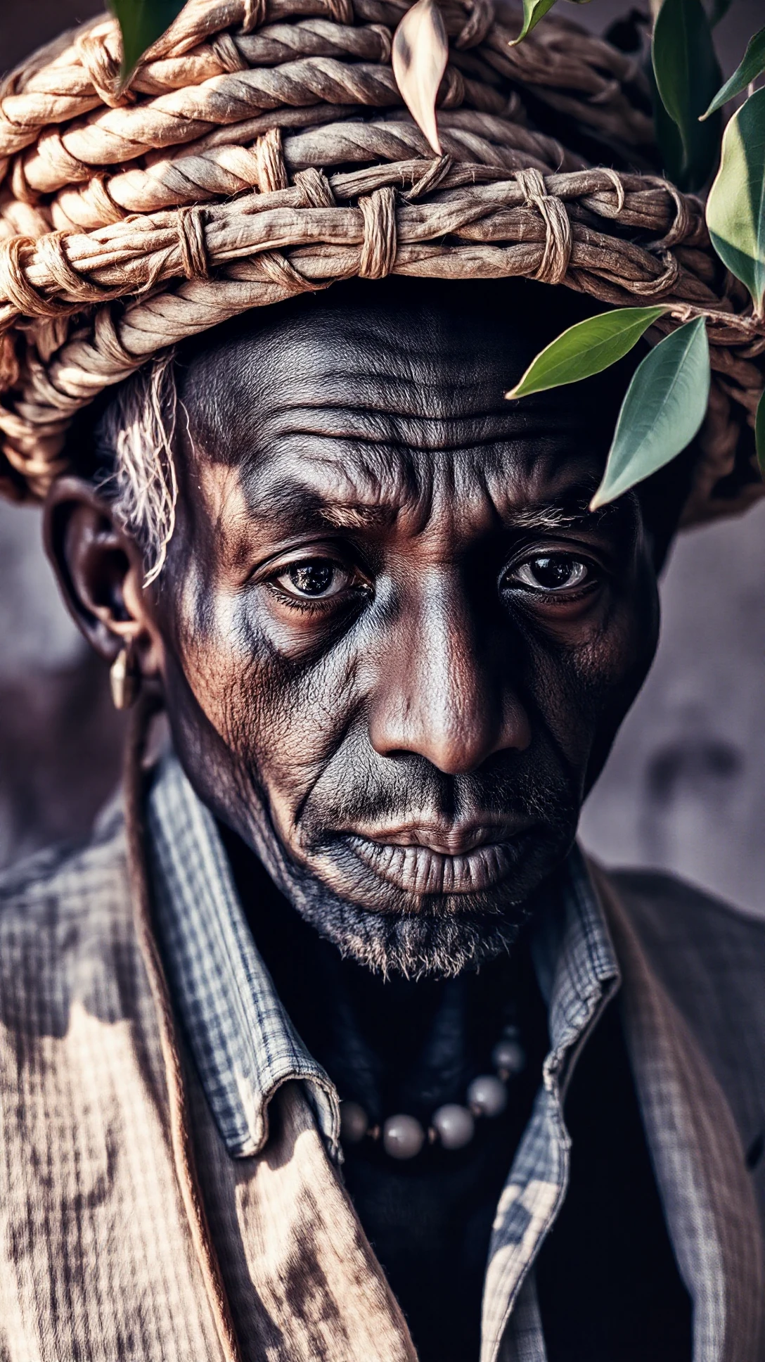 A high-resolution photograph of an elderly African man set against a rustic backdrop of a weathered wall, showcasing his deep, rich dark skin tone, captured in a medium shot. He wears a faded straw hat, its worn-out texture telling stories of hard work. His expressive, downturned eyes portray a contemplative emotion, framed by deep lines on his face. Soft sunlight filters through nearby leaves, casting gentle patterns on his outfit, enhancing the genuine tones of the moment. <lora:Old_Beauty-000001:1>