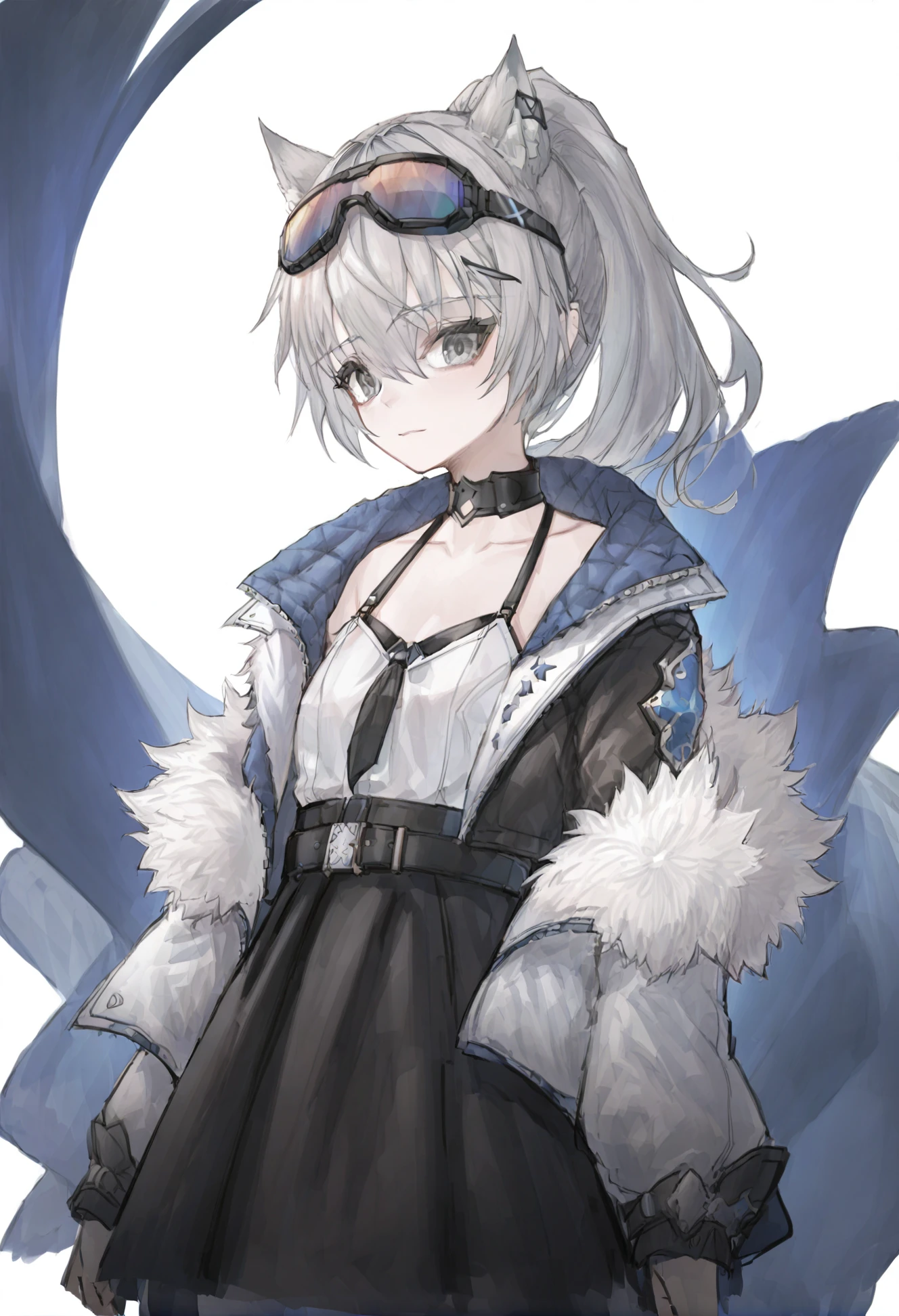 masterpiece, best quality,1girl, silver wolf \(honkai: star rail\), solo, grey hair, jacket, grey eyes, white background, looking at viewer, fur trim, eyewear on head, simple background, fur-trimmed jacket, hair between eyes, closed mouth, ponytail, crossed bangs, goggles on head, shirt, upper body, white shirt, long hair, hair ribbon, goggles, hair ornament, ribbon, choker, hairclip, tinted eyewear, portrait, drill hair, collarbone, cropped torso 
<lora:yuzuXLlokr4f-000182:1>