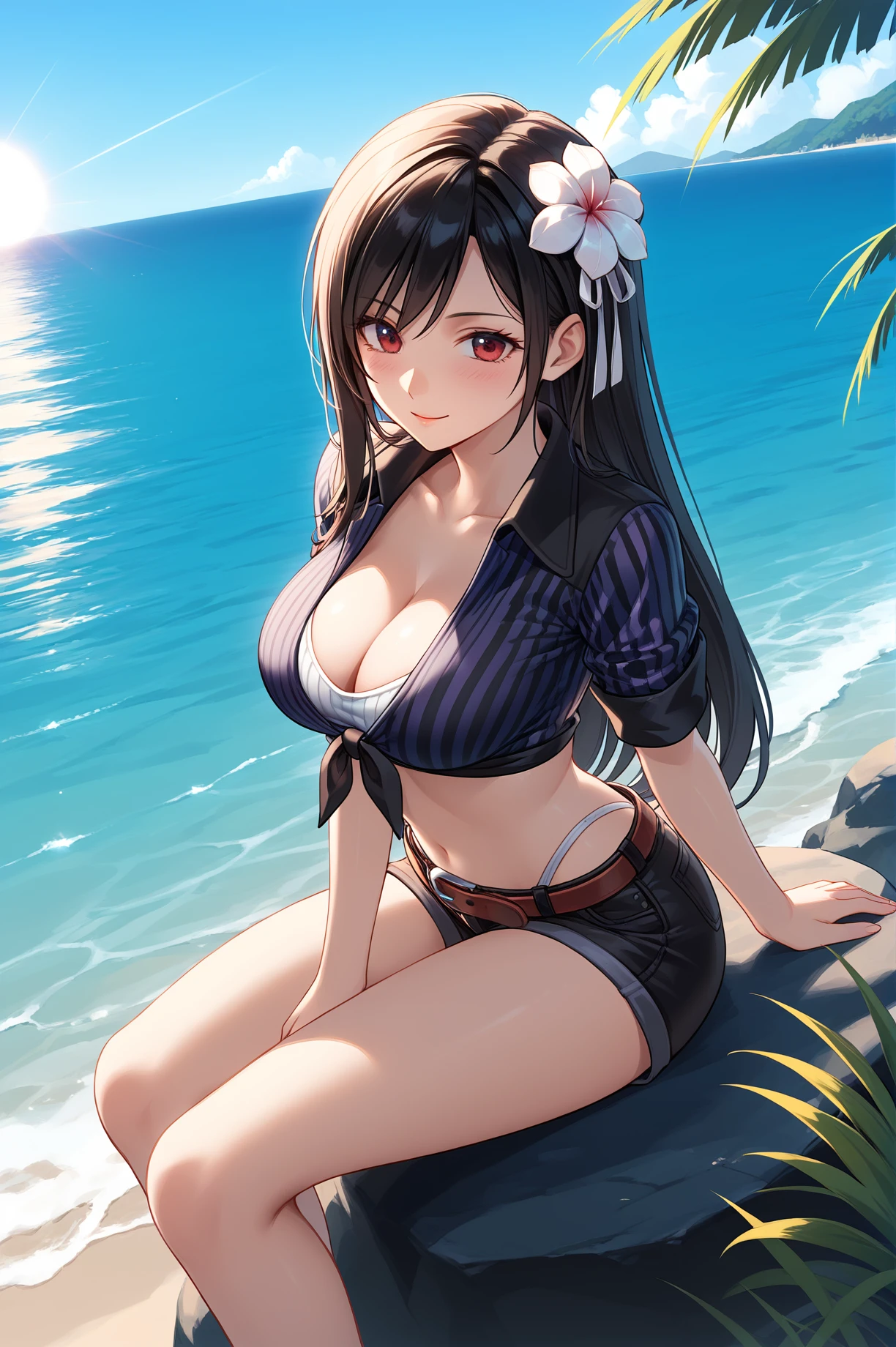 score_9, score_8_up, score_7_up, score_6_up, score_5_up, score_4_up,anime source
1girl,tifa lockhart, 
ocean,sunlight,sitting on rock,from side,  ,glamour(tifa),striped shirt,black shirt,cleavage,midriff, short shorts, hair flower,belt, <lora:Glamour(tifa)XLPony:1>