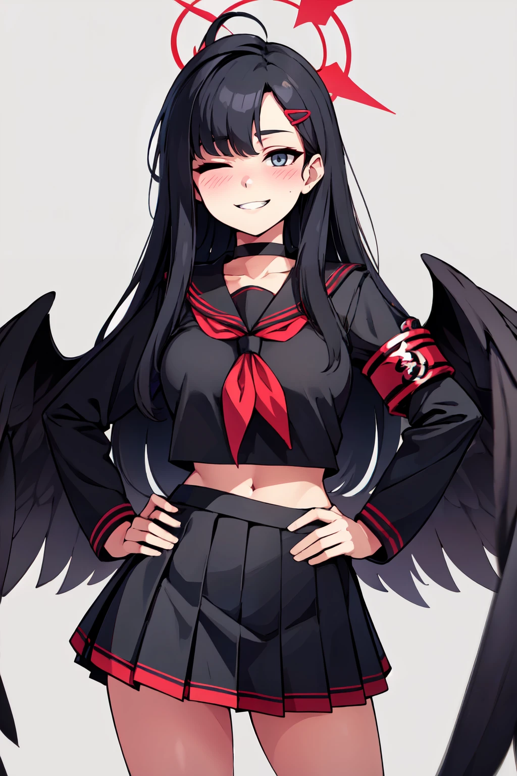 ((masterpiece,best quality)), absurdres,  BREAK, , <lora:Ichika_BlueArchive_Citron:0.8>, zzIchika, black hair, long hair, halo, hair ornament, hairclip, red halo, wings, black wings, low wings, feathered wings, breasts black sailor collar, black serafuku, black skirt, long sleeves, red neckerchief, black choker, black gloves, pleated skirt, simple background, white background, grey eyes, blush, red armband, closed mouth, grin, one eye closed , BREAK, hip to the side, hand on hip, contrapposto,, BREAK, solo, smile, looking at viewer, cowboy shot,