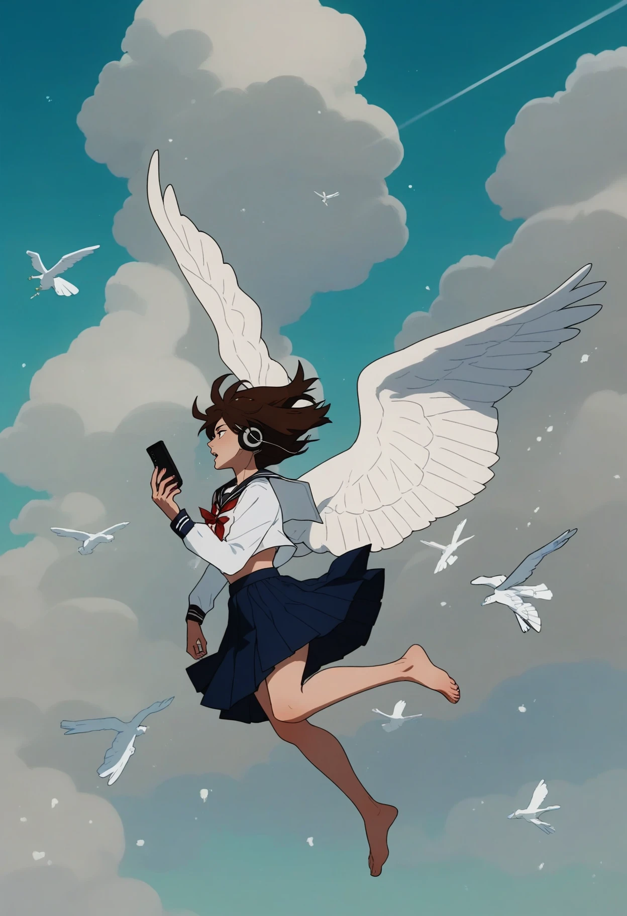 score_9, score_8_up, score_7_up, score_6_up, score_5_up, score_4_up,
<lora:MagicalDestroyers:1> mag1cal,
1girl, solo, wings, barefoot, skirt, school uniform, sky, brown hair, sailor collar, blue sky, cloud, earphones, pleated skirt, serafuku, falling, angel wings, shirt, open mouth, blue skirt, white wings, white sailor collar, feathered wings, white shirt, long sleeves, day, phone, flying