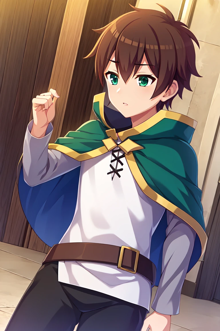 masterpiece, ultra details  <lora:KazumaE15v3:0.9>, kazuma-liver020-wattjpad, brown hair, 1boy, satou kazuma, solo, short hair, male focus, green eyes, belt, capelet, shirt, solo, cape, black pants, long sleeves, green cape, white shirt, small capelet, 1 man, shirt ornament