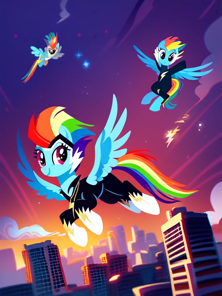 score_9, score_8_up, score_7_up, score_6_up, score_5_up, score_4_up, source_pony, feral pony, Zapp_PowerPonies, bodysuit, necklace, solo, flying, skyline, night, detailed background, detailed face, detailed eyes, <lora:zappanthro-v1:1>