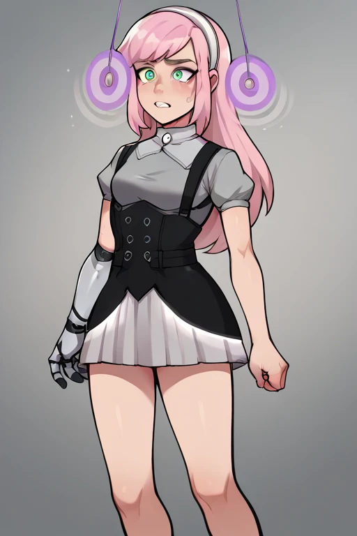 2D, score_9, score_8_up, score_7_up, BREAK, 1girl, solo, EvelynClaythorne, Pink Hair, Green Eyes, mechanical arm, headband, grey shirt, black overalls, suspenders, skirt, hypnosis, grey lights