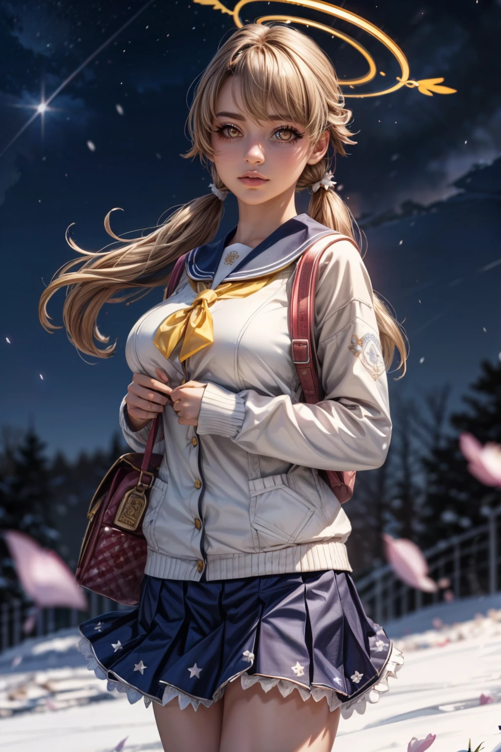 (ultra realistic,32k, masterpiece:1.2),(high detailed skin:1.1),( high quality:1.1), <lora:IllyasvielVonEinzbern_v1:0.7>, zzIllya, looking at viewer, night, outdoors, snowing, sky, BREAK,    <lora:Hifumi_BlueArchive_Citron:0.7>, zzHifumi, yellow eyes, light brown hair, long hair, twintails, halo, breasts white cardigan, blue skirt, school uniform, pleated skirt, backpack, blue sailor collar,   ,BREAK,  blooming stars, luminescent petals, otherworldly fragrance blurry background, (looking at viewer, standing:1.1), huge breast, large breast, <lora:add_detail:0.92>, (glowwave:1.1),