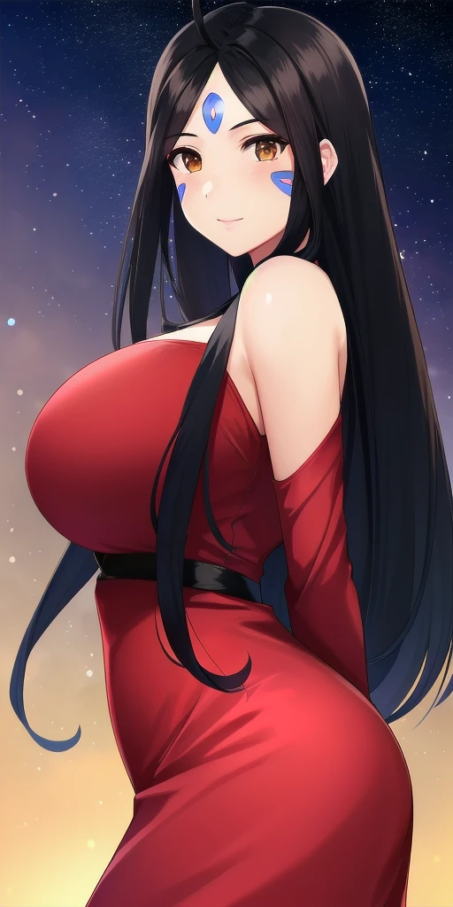 <lora:SkuldV2:0.7> skuld_(aa_megami-sama), brown_eyes,  huge_breasts, standing, solo, arms_behind_back, starry_sky, blue_facial_mark_forehead_mark,, masterpiece, best_quality, detailed_face, detailed_eyes, highres, beautiful, detailed, absurdres,