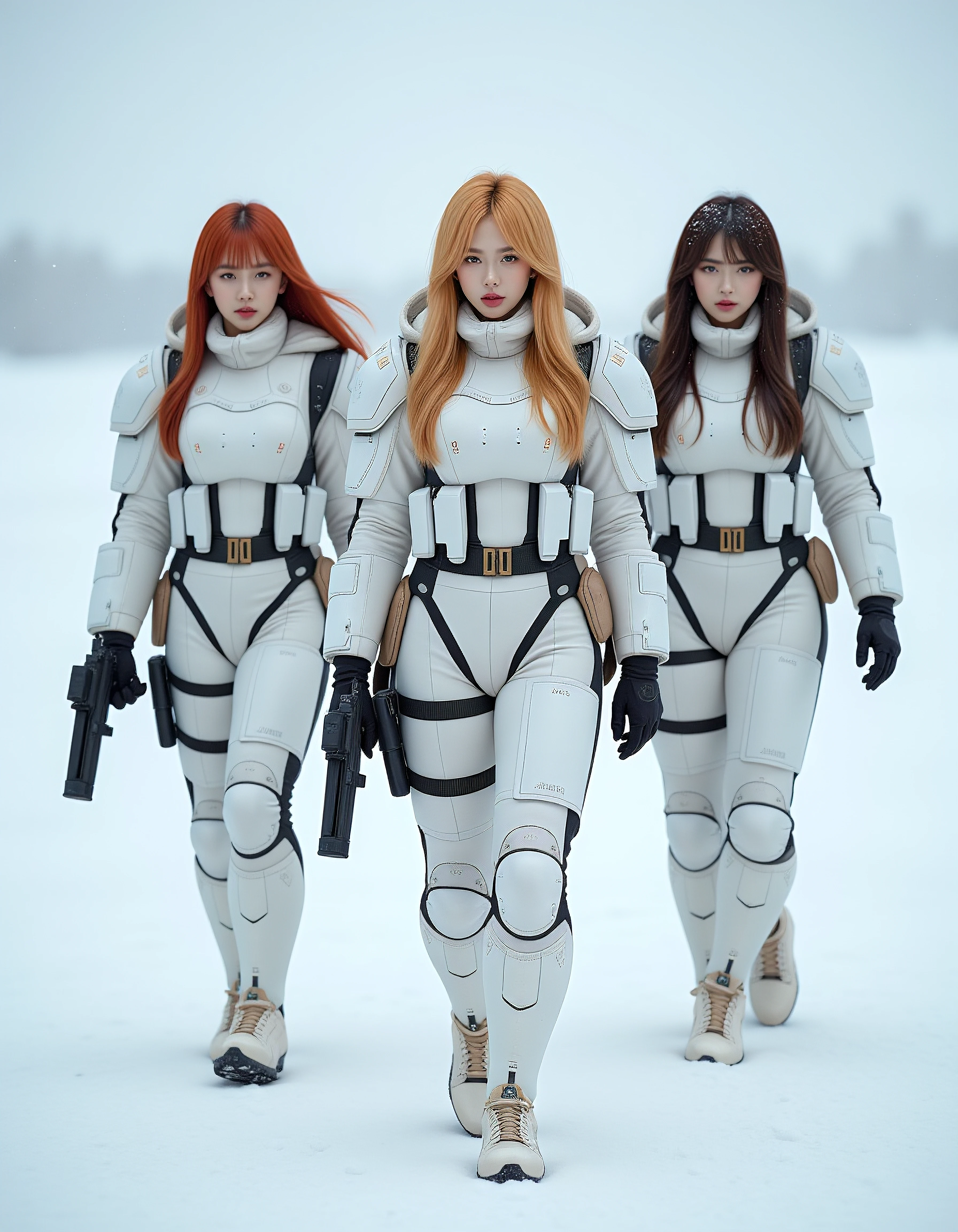 three stunning female korean space marines, multicoloured hair (one blonde, two dark, with various coloured highlights), bangs, white winter camouflage body armour, assault pistols in holsters, walking in a snowstorm on an icy, snowy plain, thick snow falling, snow settling on their hair and armour, cowboy shot, High Detail, Perfect Composition, dramatic ighting, high contrast <lora:beauty_standard1:0.8>