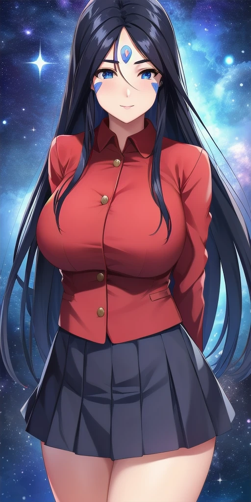 <lora:SkuldV3:0.7> skuld_(aa_megami-sama), huge_breasts, standing, solo, arms_behind_back, starry_sky, blue_facial_mark_forehead_mark, skirt_suit,, masterpiece, best_quality, detailed_face, detailed_eyes, highres, beautiful, detailed, absurdres,