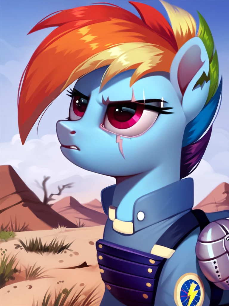 score_9, score_8_up, score_7_up, score_6_up, score_5_up, score_4_up, source_pony, feral pony, Apocalypse_Rainbow_Dash, notched ear, scar across eye, mechanical wing, prosthetic wing, uniform, body armor, bulletproof vest, desert, detailed background, detailed face, detailed eyes, <lora:apocdash-v1:1>