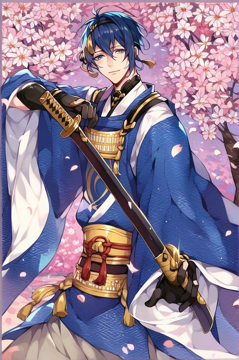 score_9,score_8_up,score_7_up,source_anime,1boy,male focus,mikazuki munechika,japanese clothes,blue eyes,solo,blue hair,gloves,black gloves,sword,petals,katana,flower,,<lora:mikazuki_munechika:0.8>