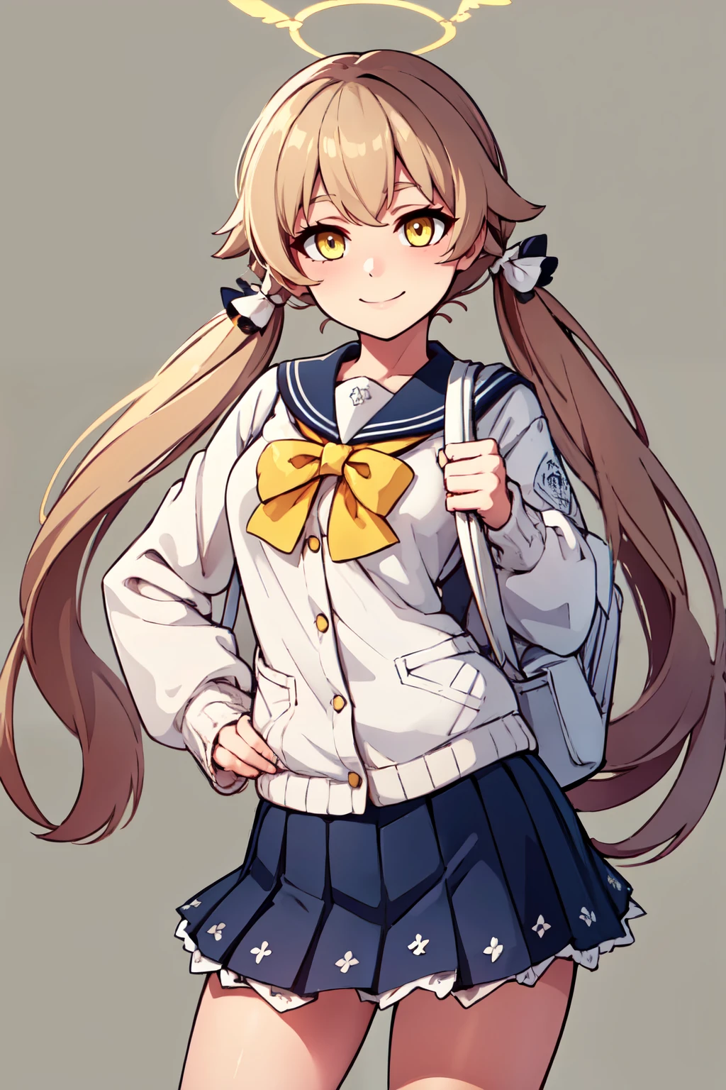 ((masterpiece,best quality)), absurdres,  BREAK, , <lora:Hifumi_BlueArchive_Citron:0.8>, zzHifumi, yellow eyes, light brown hair, long hair, twintails, halo, breasts white cardigan, blue skirt, school uniform, pleated skirt, backpack, blue sailor collar, smile , BREAK, hip to the side, hand on hip, contrapposto,, BREAK, solo, smile, looking at viewer, cowboy shot,