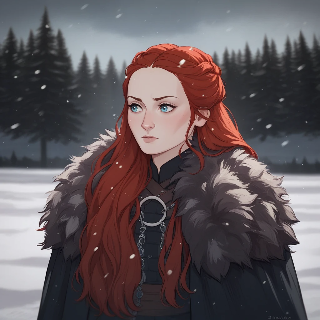 score_9_up, score_8_up, BREAK, SansaStark, 1girl, solo, long hair, red hair,  blue eyes, black dress, fur trim, cape, upper body,  <lora:SansaStark_PXL_Leaf1:1>, snow,