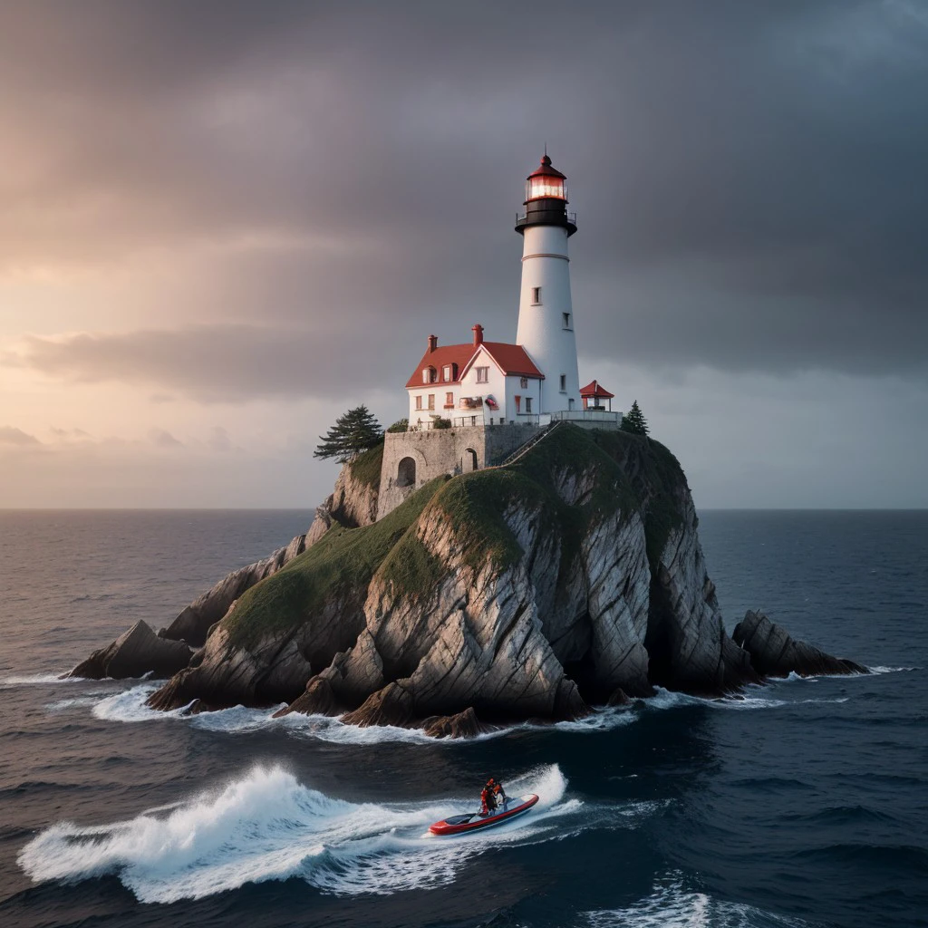 masterpiece, full scale wide shot photo, intricate photo, precisely detailed lighthouse with red-white colored ring-sections in the ocean on a rock by dark night, hazy fog on the water surface, blue neon backlight, cyberpunk, photo realistic, hyper realistic, highly detailed, sharp focus, high resolution, best quality, colorful, friendly colors, cozy outdoor lighting, 8K,  <lora:LighthouseConceptLora:1.0