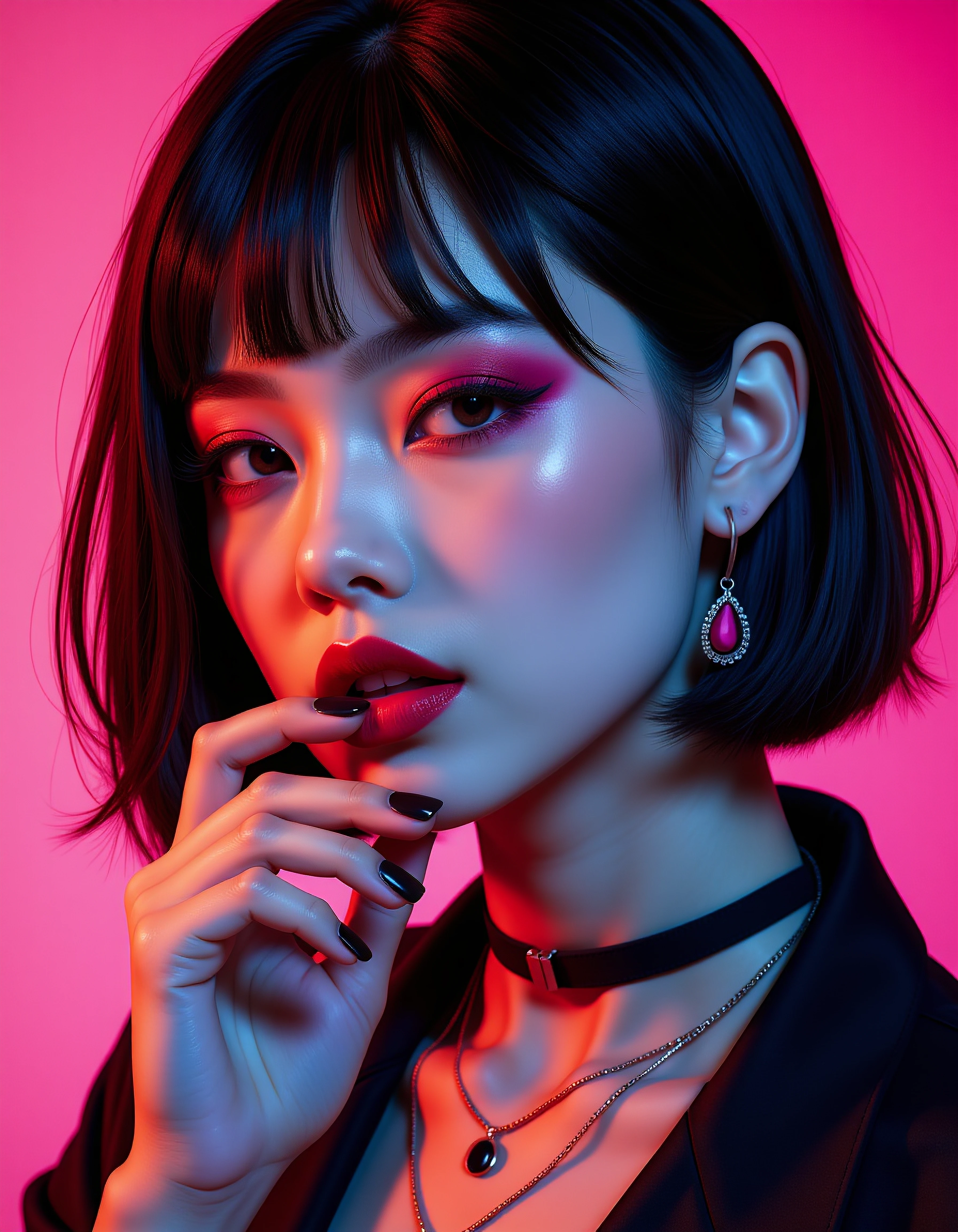 masterpiece, neon splash art of a goth cyberpunk girl, straight-cut bob, bangs, black hair with red streak, earrings, necklaces, red thin lips, dark eyeshadow, choker, black nail varnish, one hand near her mouth, sensual, sexy, vibrant surreal colours <lora:beauty_standard1:0.8>