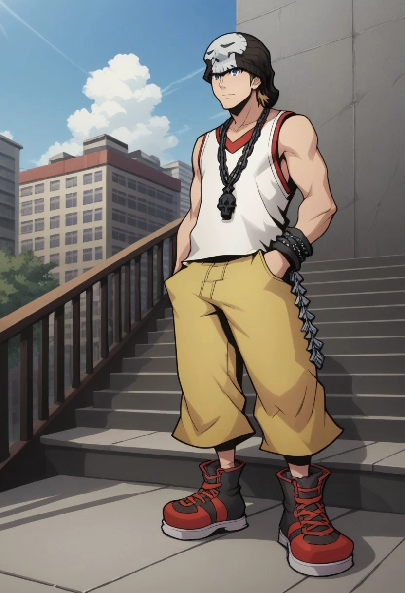 score_9, score_8_up, score_7_up, source_anime, highly detailed,  

daisuke, 1boy, male focus, solo, blonde hair, blue eyes, sneakers, tank top, shoes, beanie, shorts, chain, hat,
yellow shorts, jewelry, bracelet, standing, chain necklace,

outdoor, building, sky, stairs, sit,