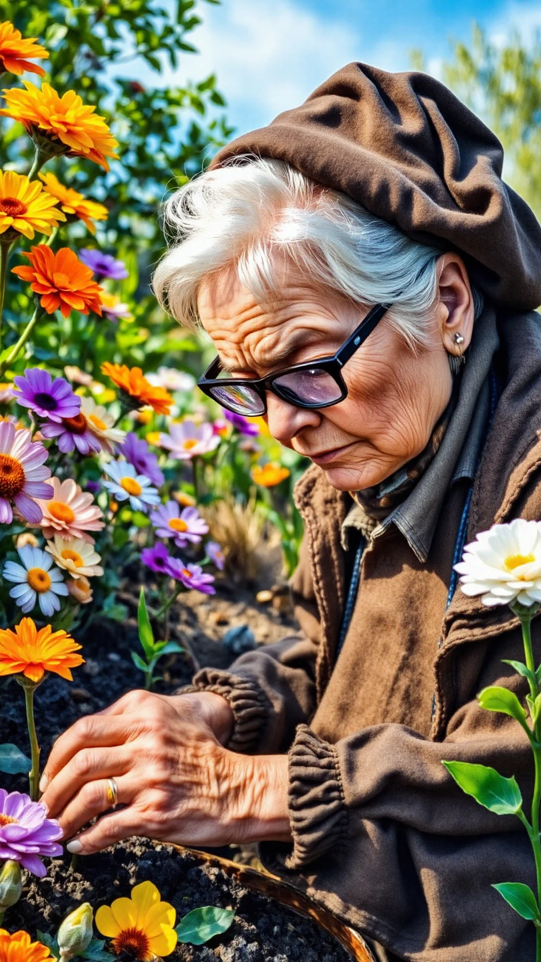 A medium shot of an intricate elderly woman with glasses perched on her nose, carefully planting seeds in a vibrant garden filled with blooming flowers and lush greenery. The bright, sunny day enhances the colors of the flowers and her earthy attire. Captured in a detailed watercolor painting, showcasing the beauty of nature and her loving care. <lora:Old_Beauty-000001:1>